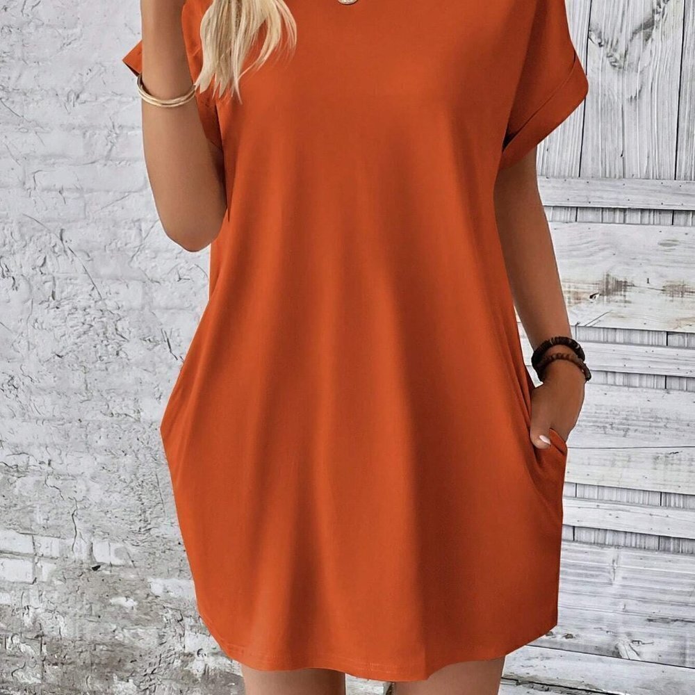 Burnt Orange Boho Womens Solid Batwing Sleeve Hidden Pocket Tee Dress - Picture 3 of 5